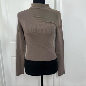 Promise the Label Sheer Mesh Long Sleeve Ribbed Knit Top Sz S Brown